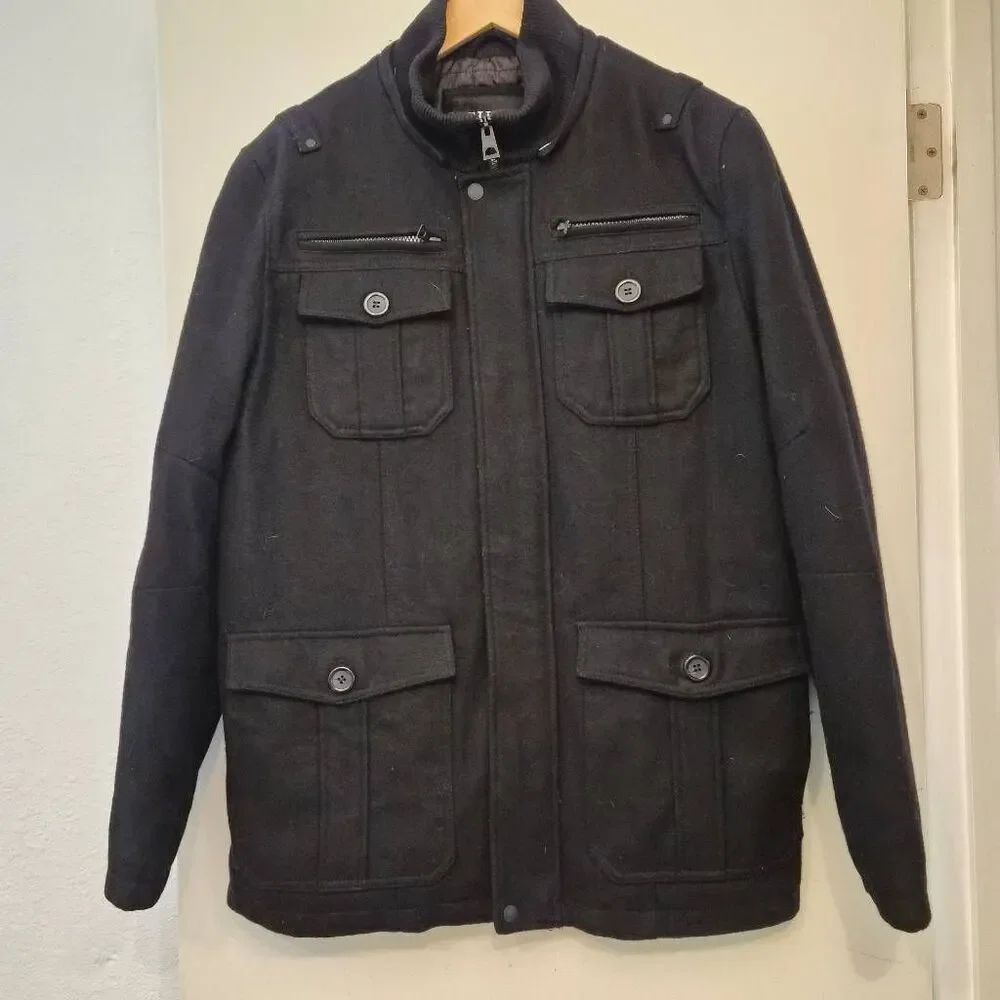 GUESS Men's Wool Blend Military Jacket w/ Quilted Lining: Thick Warm Heavy-duty